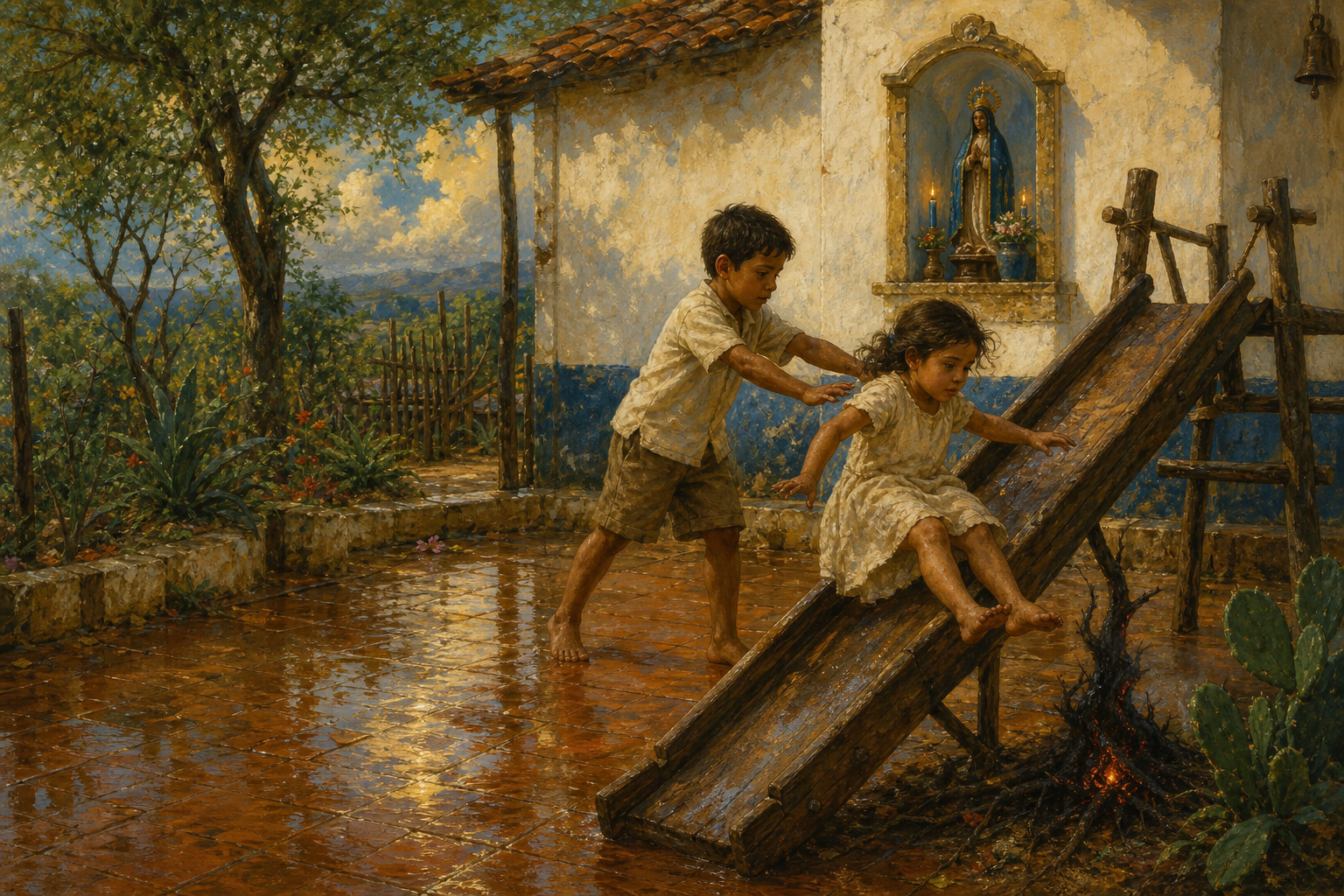 Pintura sacra popular brasileira: duas crianças em um escorregador de madeira junto a uma capela caiada, terra molhada, vegetação verde e uma pequena brasa simbólica