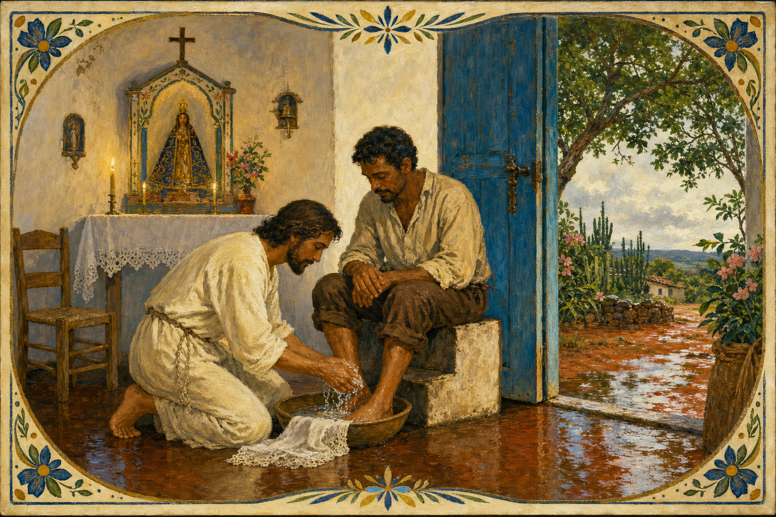 Pintura sacra popular brasileira: gesto de lava-pés em uma capela caiada com porta azul e terra molhada depois da chuva